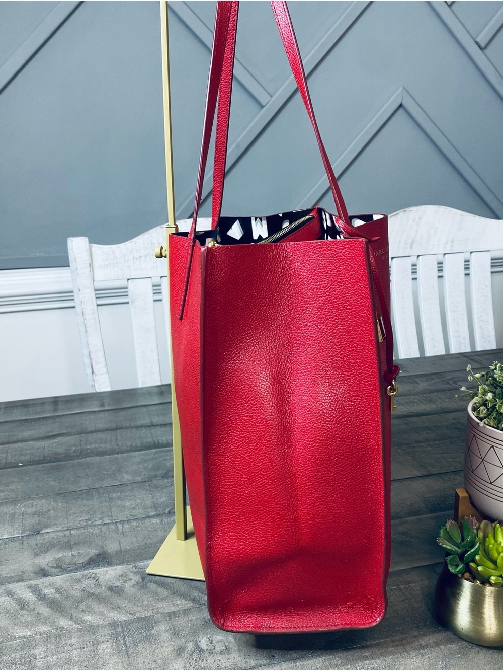 Marc Jacobs The Grind Leather Tote Bag Fire Red Gold Hardware Padlock Charm - Picture 5 of 14